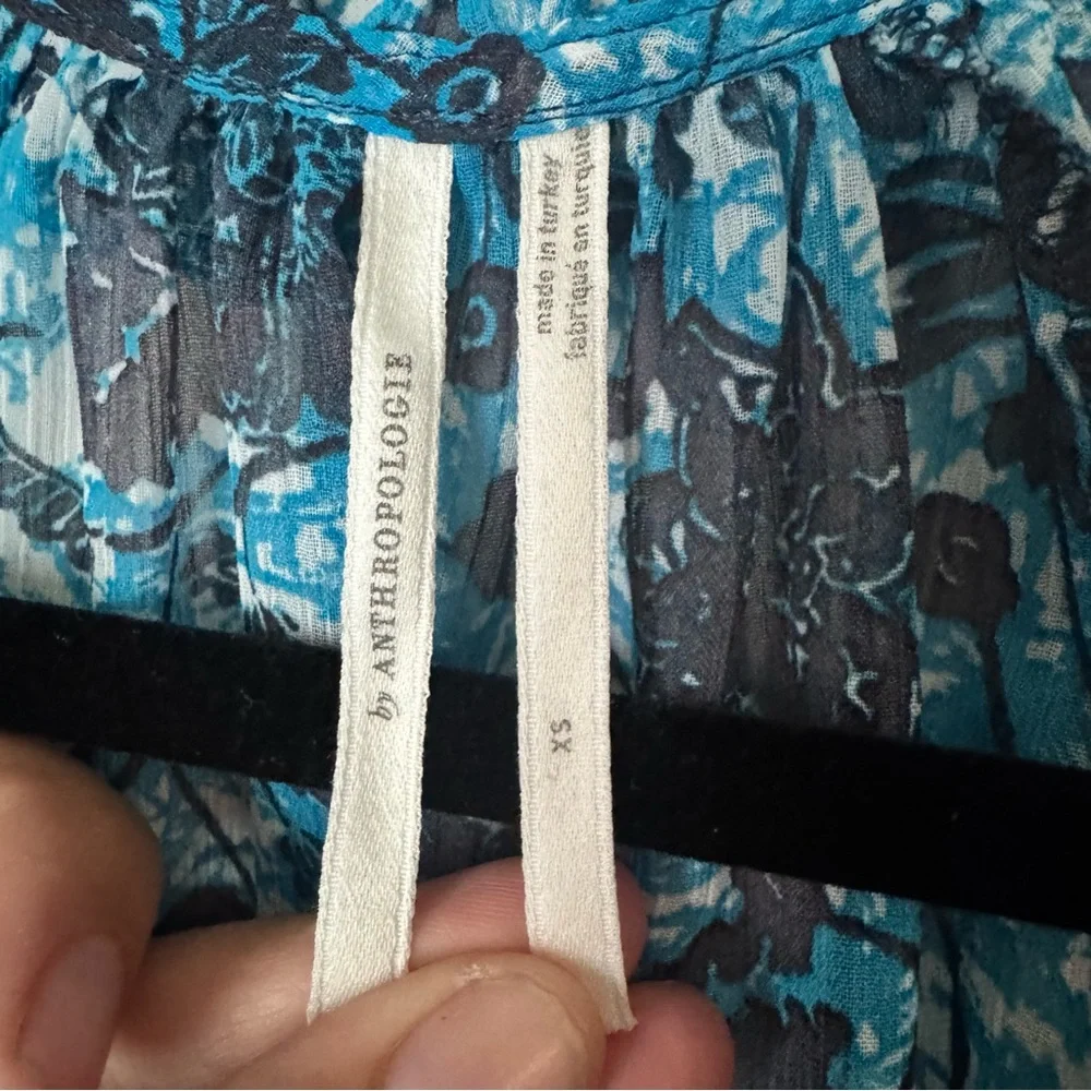 Anthropologie Sheer Printed Peasant Blouse Blue Motif XS - Picture 5 of 9